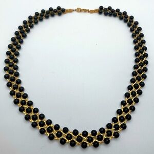 Vtg Gold Tone Black Ball Bead Woven / Braided / Intertwined Chain Necklace 20”
